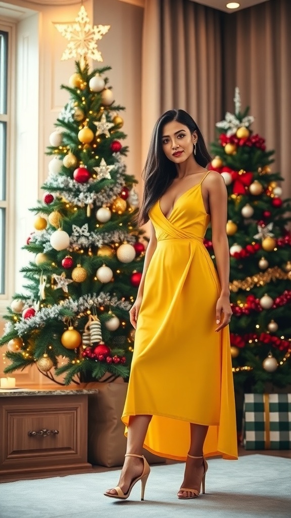 Model in a yellow midi dress at a Christmas party with festive decorations.